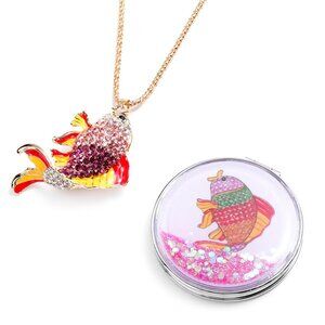 2 Piece Multi Color Enameled Fish Pendant Necklace and Compact Mirror Set